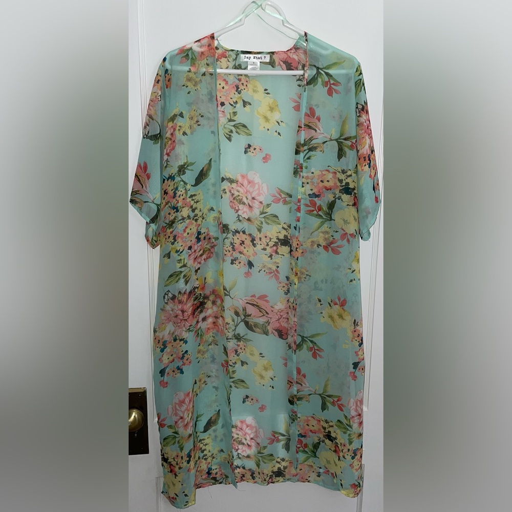 Say What? Teal Floral Kimono/Bathing Suit Coverup - Size: M
